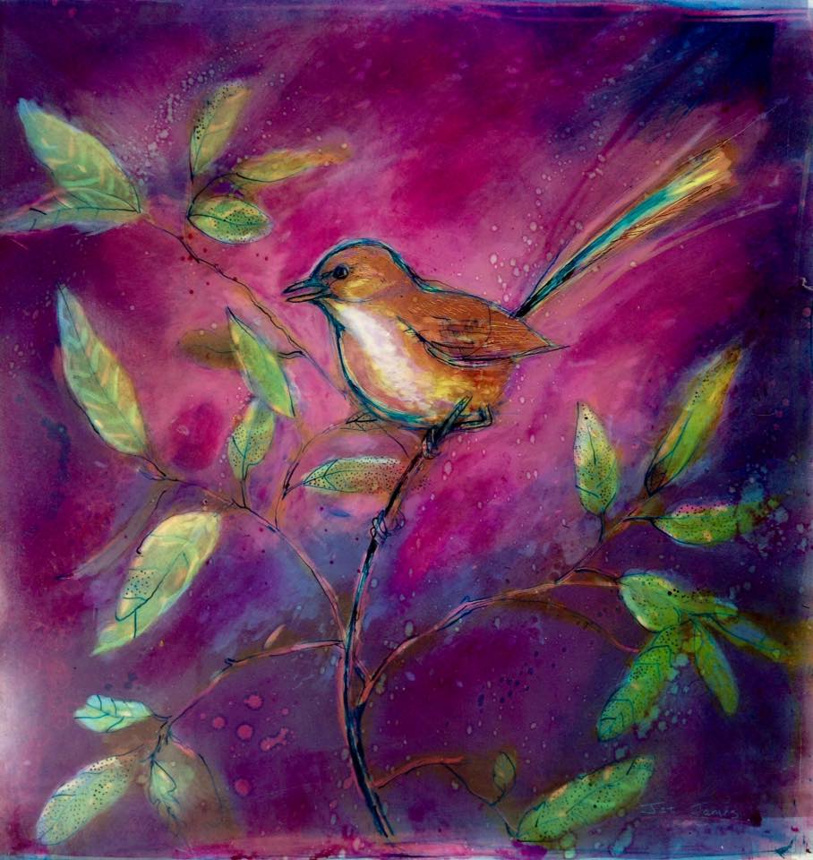 Fairy Wren in Pink, Indian ink , nail polish and oil paint on cast coated paper, 42x37cm