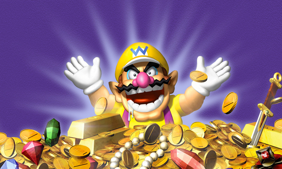 Wario diving into a pile of gold. Savings
