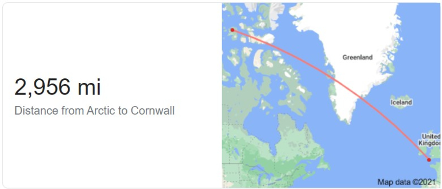 cornwall to arctic miles google map data