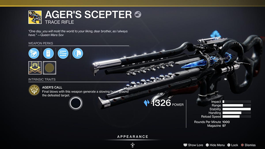 Ager's Sceptre Exotic trace rifle perks