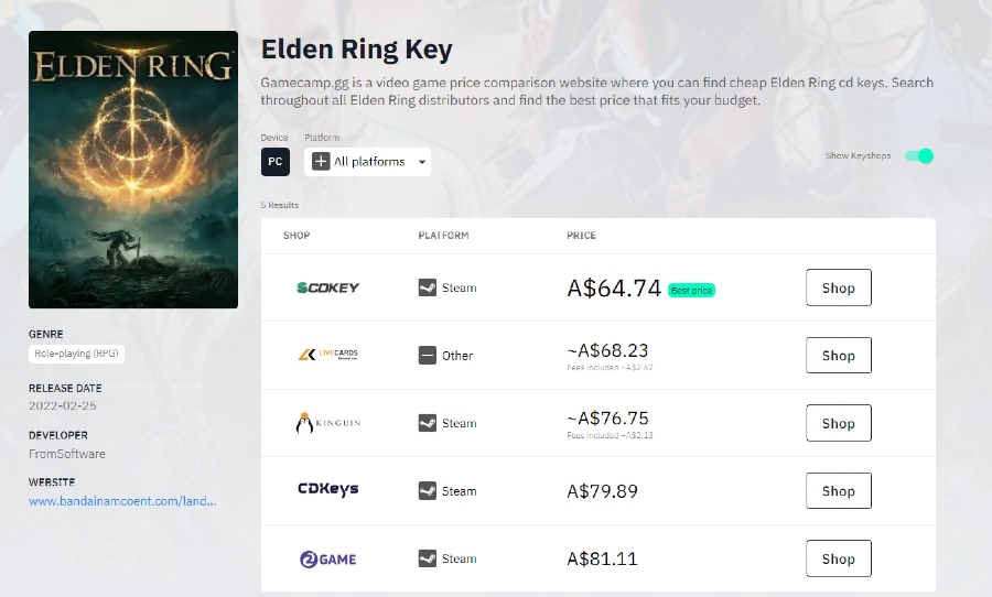 Elden Ring prices Game Camp
