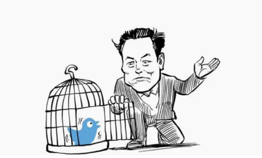 Elon Musk cartoon with Twitter bird