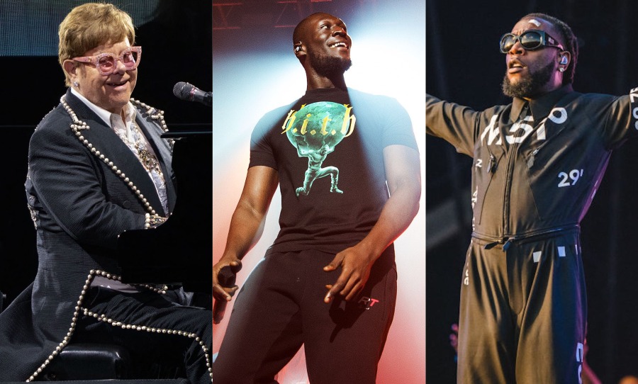 Elton John, Stormzy and Burna Boy. Credit: Suzanne Cordeiro/AFP/Getty Images; David Wolff/ Getty Images; Joseph Okpako/WireImage via Getty Images