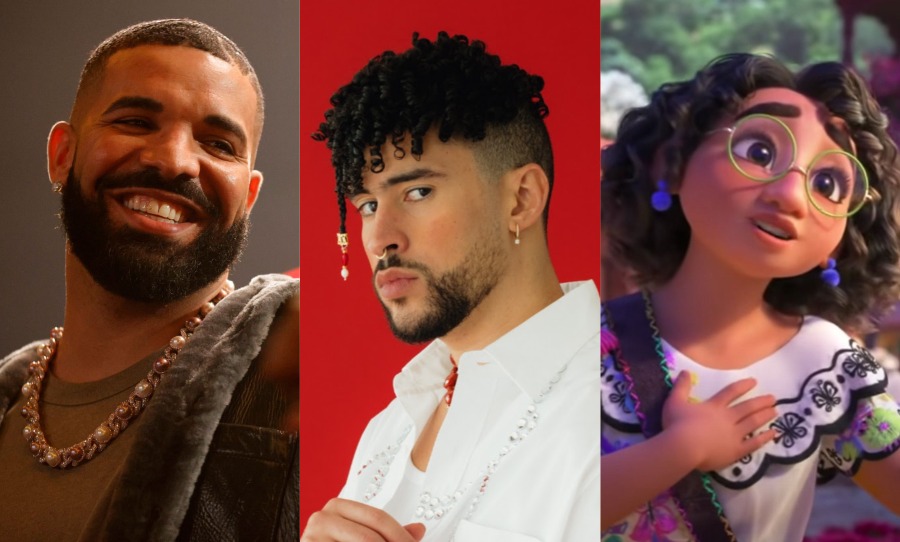 Drake, Bad Bunny and 'Encanto'. Credit: Amy Sussman/Getty Images; YouTube; Disney Music Asia Official YouTube