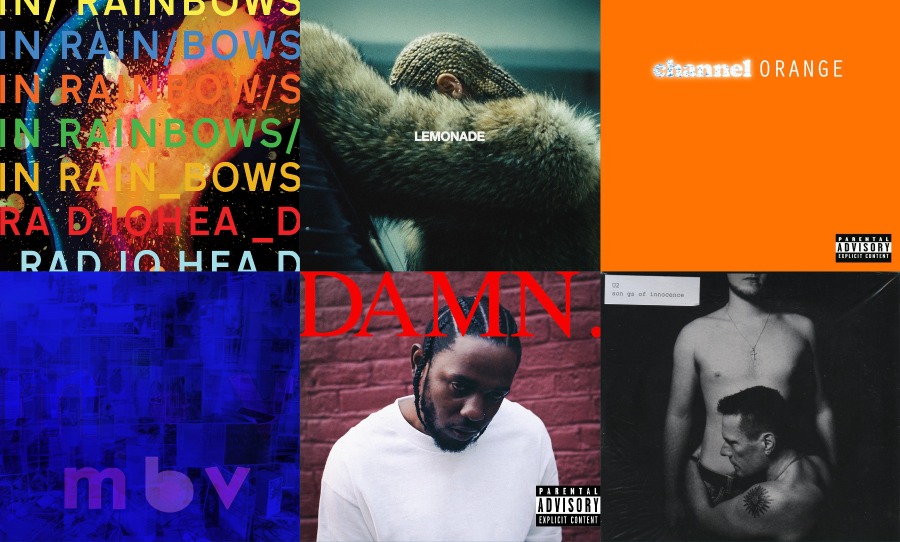 Album covers of Radiohead, Beyonce, Frank Ocean, MBV, Kendrick, U2