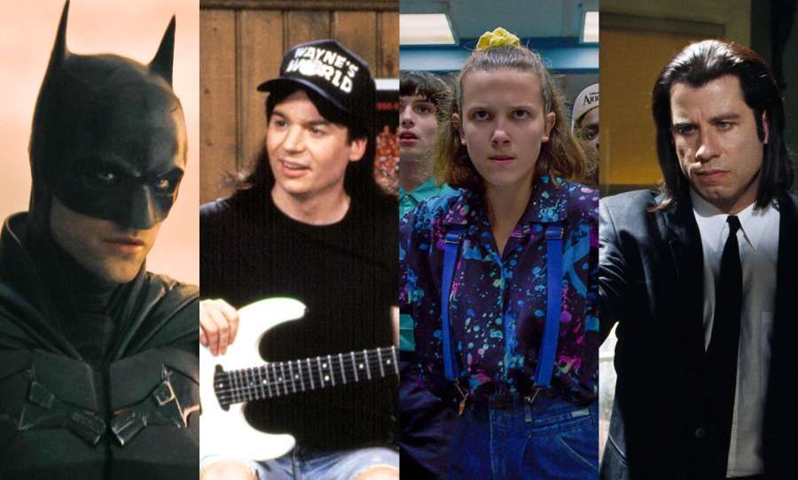 Comp of The Batman, Stranger Things, Pulp Fiction and Wayne's World