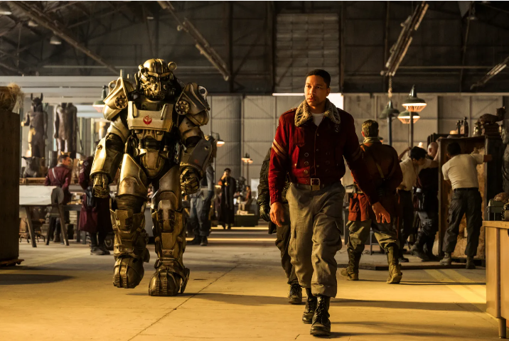 Max (Aaron Moten) wearing a new outfit while stepping out with his Brotherhood of Steel brethren