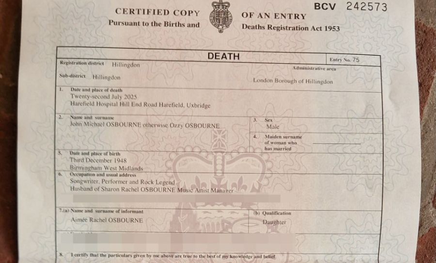 ozzy osbournes death certificate 2025