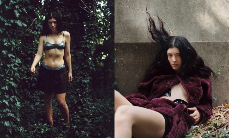 Left: Lorde stands in a lush ivy-covered forest, wearing a metallic silver bra top and dark skirt, gazing directly at the camera with a serious expression. Right: Lorde reclines against a concrete wall outdoors, dressed in a deep burgundy textured coat with long dark hair flowing back, looking intently at the viewer.