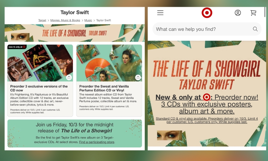 Target’s website promoting Taylor Swift’s album The Life of a Showgirl, highlighting exclusive CD and vinyl editions, posters, and preorder details.