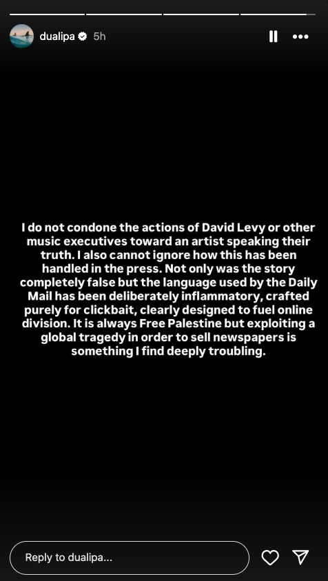 dua lipa responds to dumping manager via instagram story